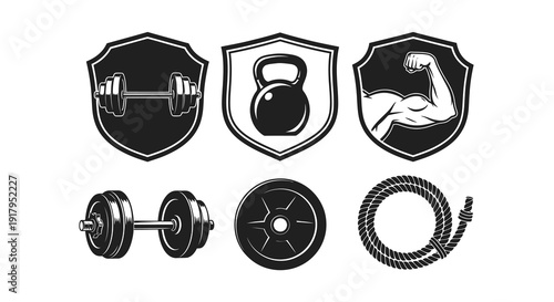 A collection of fitness icons featuring weights, kettlebells, and resistance ropes on shields