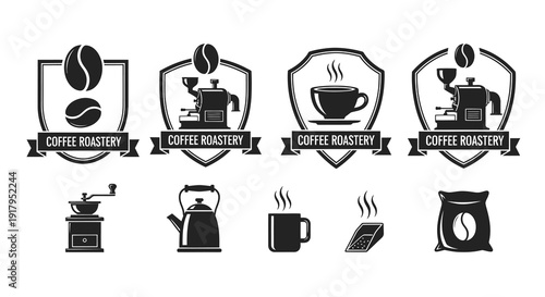 A collection of coffee-themed logos featuring brewing equipment and coffee beans in black and white