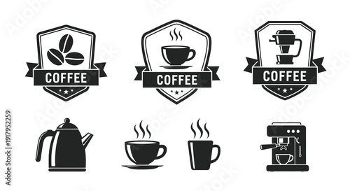 A collection of black and white coffee-themed badges featuring cups, beans, and brewing tools