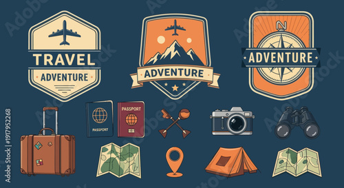 A collection of travel-themed badges, luggage, camera, maps, and adventure gear on a dark background