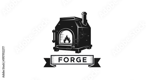 A stylized blacksmith forge with a roaring flame, enclosed within a chimneyed, angular structure