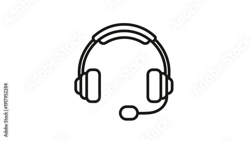 Line art illustration of a headset with a microphone. Black outline on white background