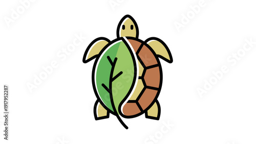 A turtle design with a leaf as part of the shell. A nature illustration style on white