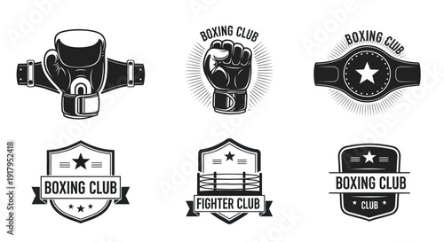 A collection of boxing club logos featuring gloves, fists, belts, and shields in black and white