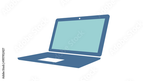 A flat illustration of an open laptop, light blue screen, dark blue frame and body
