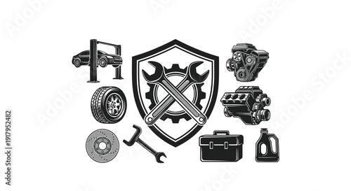 A collection of automotive tools and parts including a car lift, tires, wrenches, and engines