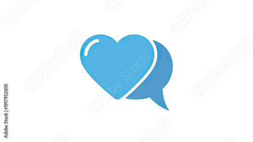 A blue heart with a speech bubble, both with a glossy effect, on a white background
