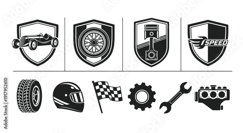 A collection of racing-themed icons within shields, depicting cars, wheels, tools, and flags