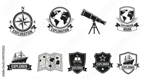 A collection of exploration-themed badges featuring compasses, globes, vessels, and maps