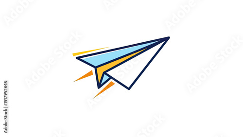 A stylized paper airplane icon, with blue, white, yellow, and orange accents, against white
