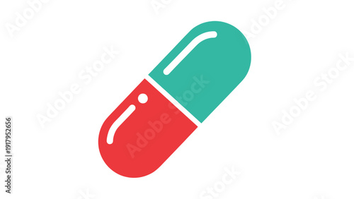 A two-tone capsule, red and teal, with white highlights, set against a plain white background