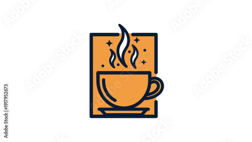 Icon of a stylized coffee cup with steam, contained within a rectangle, against white