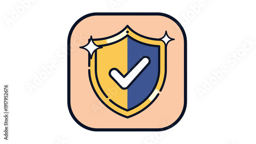 A cartoon shield icon with check mark, gold & blue, surrounded by a peach frame with sparkle