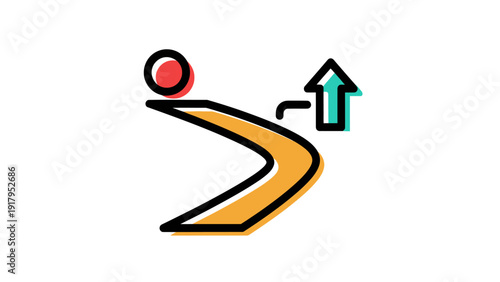 Abstract illustration with a sphere, curved path, and upward arrow