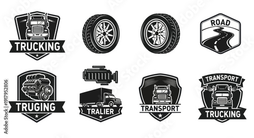 A collection of eight monochromatic trucking-themed logos featuring trucks, wheels, and engines