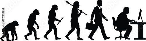 Human Evolution Silhouette Progression from Ape to Modern Businessman Working on Computer, Concept of Technology Advancement and Lifestyle Change