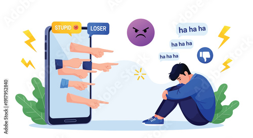 Sad boy sits on the ground with his head down, surrounded by negative comments and pointing fingers from a smartphone. Symbols of mockery convey cyberbullying.