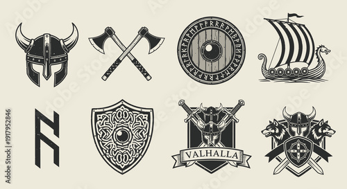 A collection of Viking-themed symbols including helmets, axes, shields, and a longship design