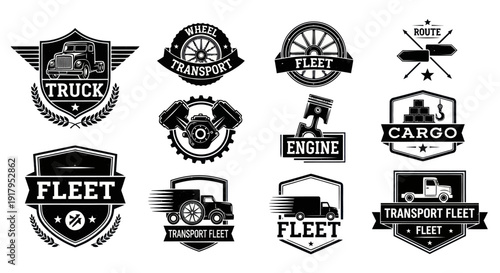 A collection of vintage-style transportation emblems featuring trucks, engines, and cargo symbols