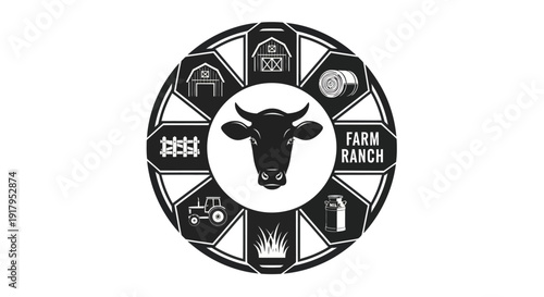 A circular emblem featuring a cow, surrounded by farming icons including barns, tractors, and hay