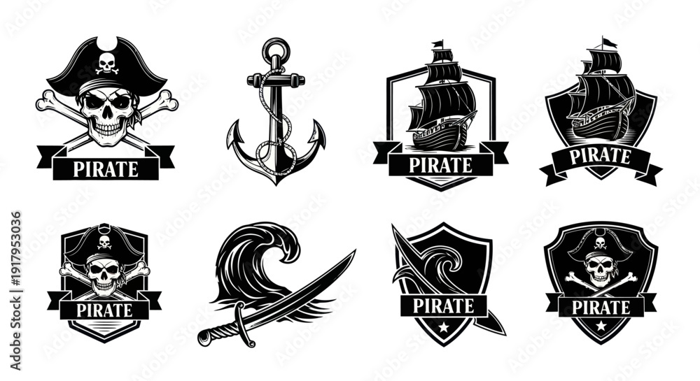 Obraz premium A collection of pirate-themed graphics featuring skulls, anchors, ships, waves, and swords
