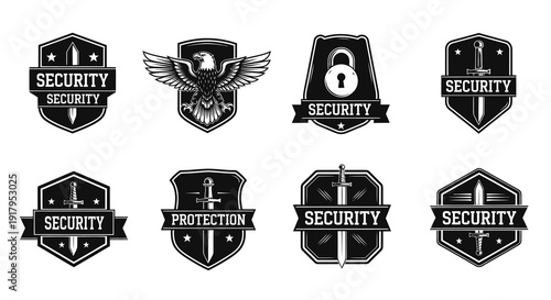 A collection of eight monochrome security badges featuring swords, an eagle, and a padlock