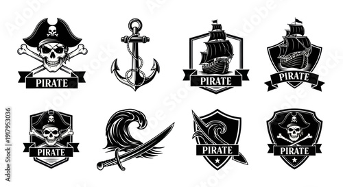 A collection of pirate-themed graphics featuring skulls, anchors, ships, waves, and swords