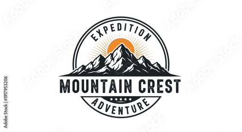 A bold emblem featuring mountains, sun rays, and text representing an adventurous spirit