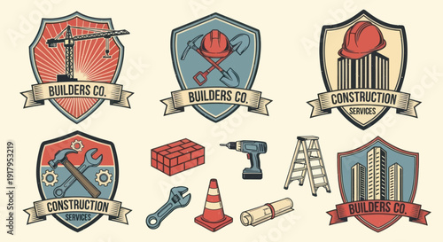 A collection of construction-themed emblems showcasing tools, equipment, and building services
