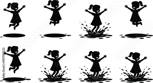 Happy Little Girl Jumping and Splashing in Water Puddle Silhouette Set for Playful Rainy Day Concept
