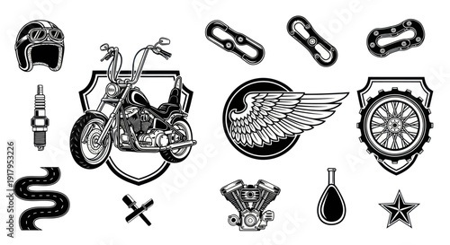 An array of motorcycle-themed elements featuring a vintage bike, tools, and various mechanical symbols