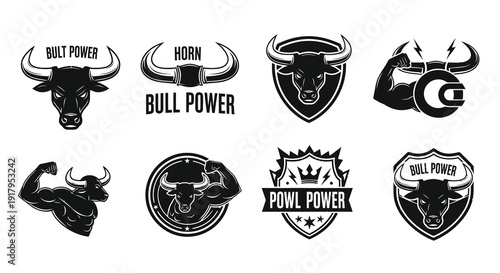 A collection of bull-themed logos showcasing strength and power through diverse designs and phrases