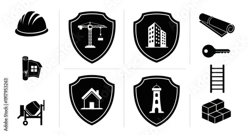 A compilation of construction and architecture symbols, including helmets, buildings, and tools