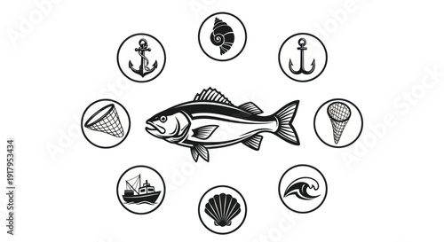A central fish surrounded by nautical icons, including nets, waves, and sea creatures, in black outline