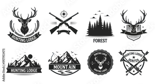 A collection of vintage hunting lodge logos showcasing deer, mountains, rifles, and forests