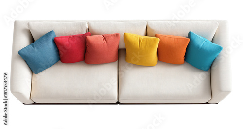 Top View Sofa with Colorful Throw Pillows Isolated on Transparent Background
