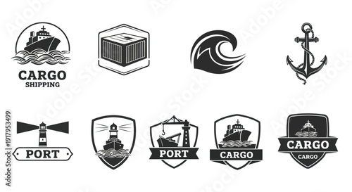 A collection of monochrome maritime-themed logos featuring ships, waves, anchors, and ports