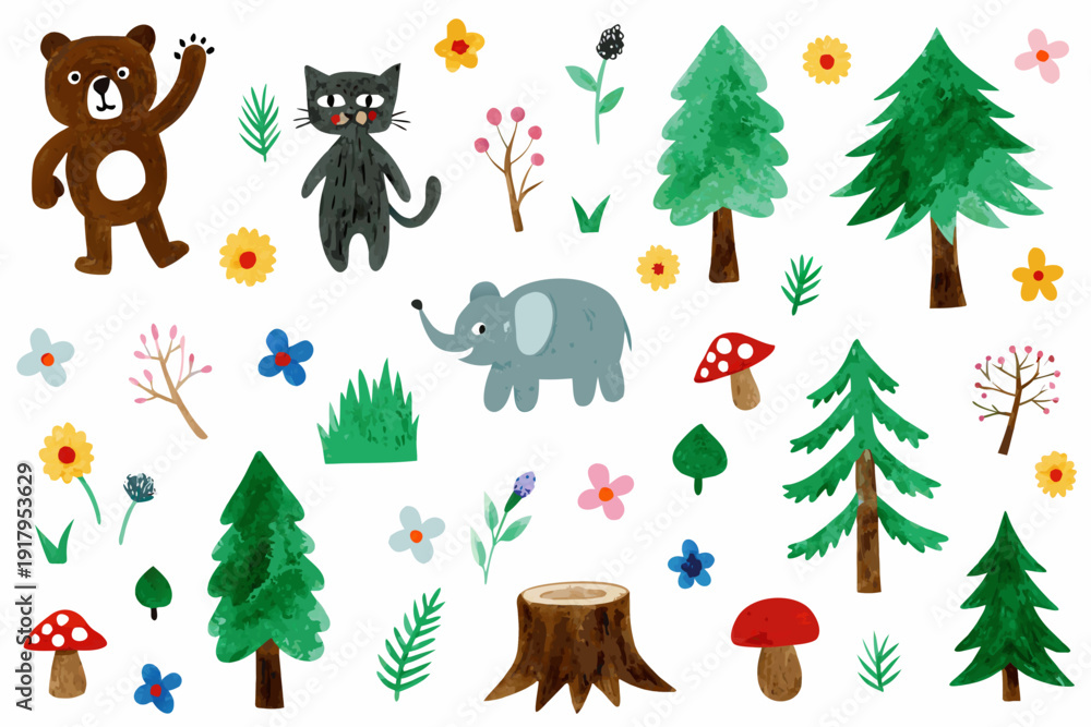 Fototapeta premium Watercolor illustrations of animals trees and flowers on white background