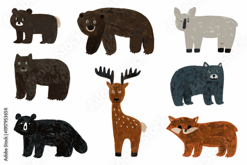 Stylized illustration of various forest animals including bears and deer