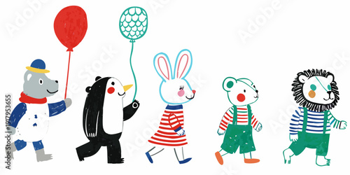 A colorful illustration of animals marching with balloons and smiles