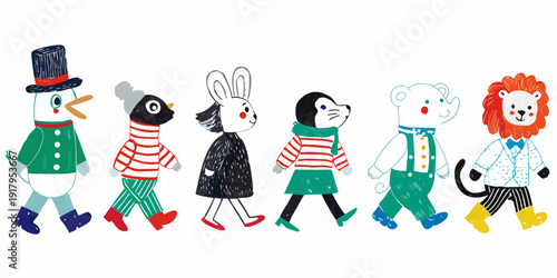 A whimsical line of illustrated animals walking in a playful parade