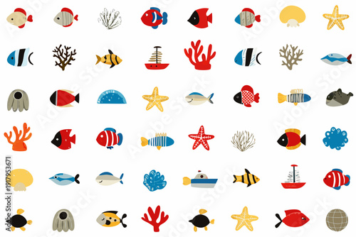 Colorful collection of marine life and ocean themed icons arranged neatly