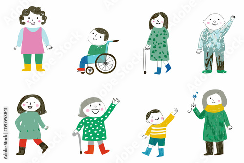Diverse group of illustrated people including those with disabilities