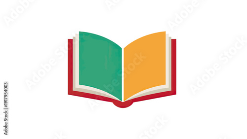 A colorful, open book with a red cover and green/orange pages. Rounded spine