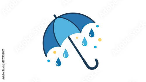Blue umbrella graphic with raindrops and other dots on a white background