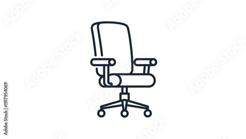 Black outline drawing of an office chair with a high back, armrests, and wheels