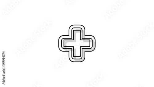 A black and white, shadowed plus sign sits centered on a white background