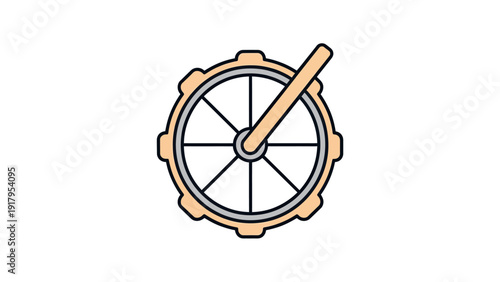A stylized gear with an attached lever sits centered, against a white background