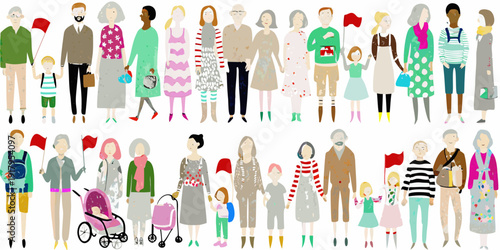 Diverse group of illustrated people standing in a horizontal arrangement