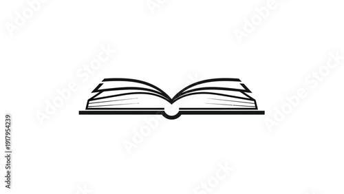 Simple black and white illustration of an open book with visible pages on a white background